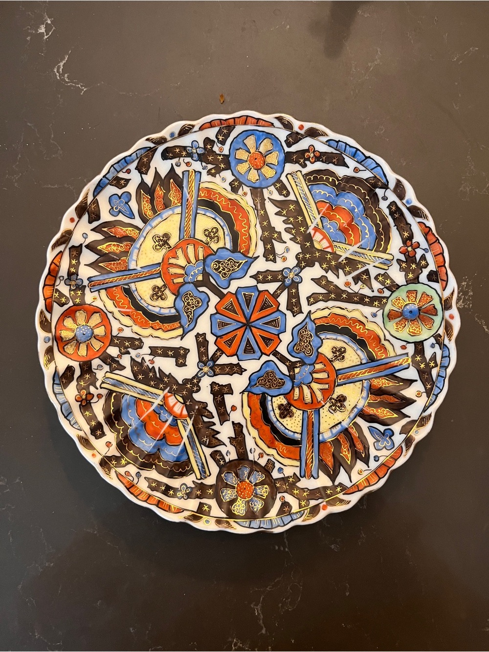 Handcrafted Decorative Ceramic Plate in Blue, Orange, Black & Gold